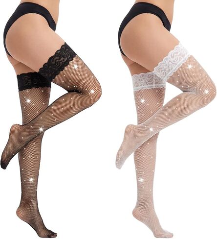 2 Pack Women Thigh High Stocking Sparkly Rhinestone Fishnets Lace Top Silicone Socks in Kuwait