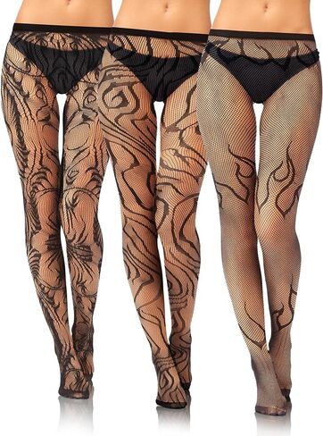 Fourluoo 3 Pairs Fishnet Stockings for Women Black Lace Patterned Tights High Waist Stockings Hole Pantyhose in Kuwait