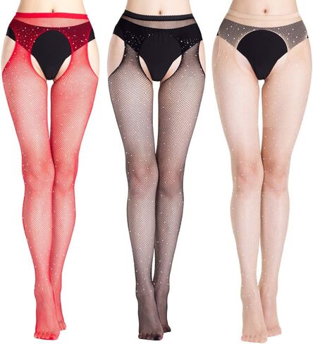 Women's Fishnet Stockings Glitter Rhinestone Stocking Sparkly Tight 3Pack in Saudi Arabia