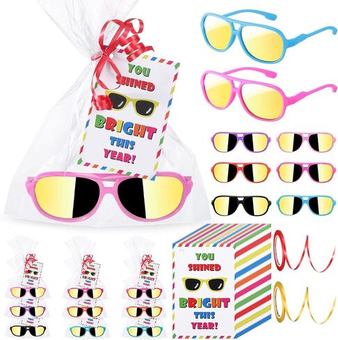 Copkim 30 Set End of Year Student Gifts from Teacher, Kids Neon Sunglasses Bulk Cards Packaging Bags 2 Ribbons for Classroom Prizes Student Graduation Gifts in Kuwait