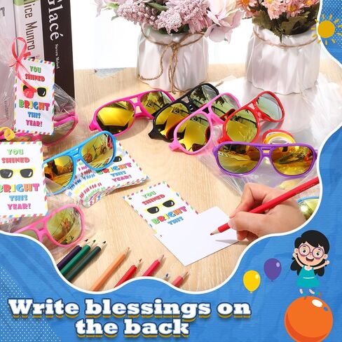 Copkim 30 Set End of Year Student Gifts from Teacher, Kids Neon Sunglasses Bulk Cards Packaging Bags 2 Ribbons for Classroom Prizes Student Graduation Gifts in Kuwait