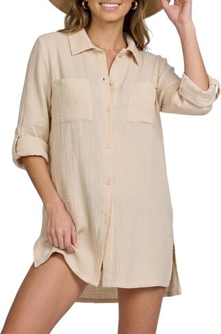 Nicole Miller Swimsuit Coverup for Women - Lightweight Long Sleeve Button Down Shirt Dress Beach Cover Up Top Beachwear in Saudi Arabia