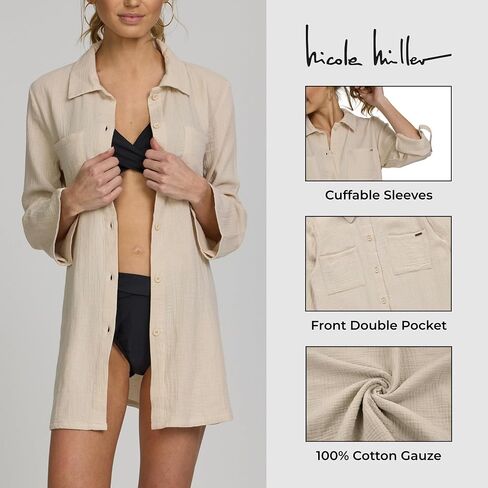 Nicole Miller Swimsuit Coverup for Women - Lightweight Long Sleeve Button Down Shirt Dress Beach Cover Up Top Beachwear in Saudi Arabia