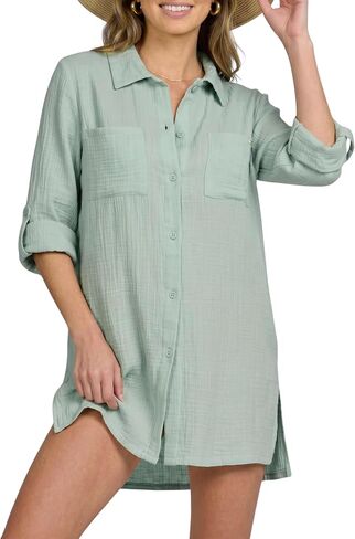 Nicole Miller Swimsuit Coverup for Women - Lightweight Long Sleeve Button Down Shirt Dress Beach Cover Up Top Beachwear in Saudi Arabia