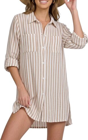 Nicole Miller Swimsuit Coverup for Women - Lightweight Long Sleeve Button Down Shirt Dress Beach Cover Up Top Beachwear in Saudi Arabia