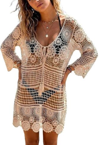 STARWHISPER Women’s Swim Cover Up for Swimwear, Cotton Crochet Bikini Beach Dress, Long Sleeve Deep V Swimsuit Tunic in Kuwait