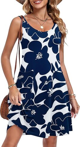 AUSELILY Women's Summer Spaghetti Strap Dress Beach Cover Up Sleeveless Floral Casual Sundresses with Pocket in Kuwait