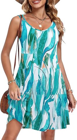AUSELILY Women's Summer Spaghetti Strap Dress Beach Cover Up Sleeveless Floral Casual Sundresses with Pocket in Kuwait