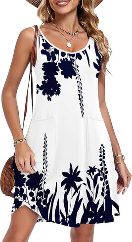 AUSELILY Women's Summer Spaghetti Strap Dress Beach Cover Up Sleeveless Floral Casual Sundresses with Pocket in Kuwait
