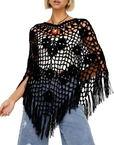 LILTWIST Women Boho Fringe Poncho Crochet Hollow Out Sweater Asymmetrical Knit See Through Shrug Shawl Summer Beach Cover Up in Saudi Arabia