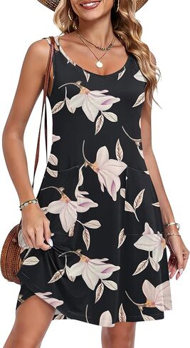 AUSELILY Women's Summer Spaghetti Strap Dress Beach Cover Up Sleeveless Floral Casual Sundresses with Pocket in Kuwait
