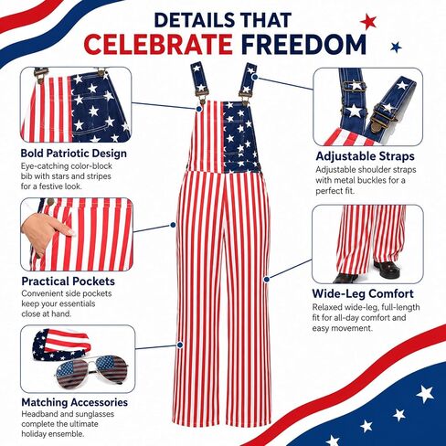 Yi-gog Unisex American Flag Overalls USA Patriotic Bib Coveralls Jumpsuit Fashion Cargo Multiple Side Pockets in Saudi Arabia