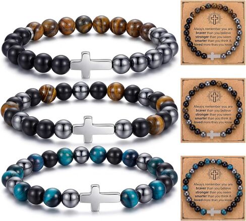Kingdder 3 Pcs Cross Bracelets for Men Women, 8mm Natural Stone Cross Bead Bracelet Gift for Christian Fathers Day in Kuwait