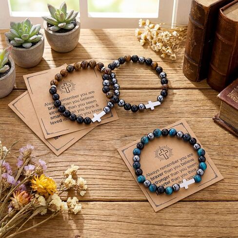 Kingdder 3 Pcs Cross Bracelets for Men Women, 8mm Natural Stone Cross Bead Bracelet Gift for Christian Fathers Day in Kuwait