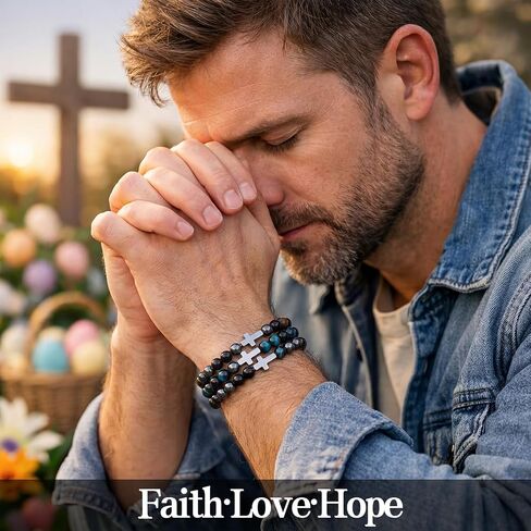 Kingdder 3 Pcs Cross Bracelets for Men Women, 8mm Natural Stone Cross Bead Bracelet Gift for Christian Fathers Day in Kuwait