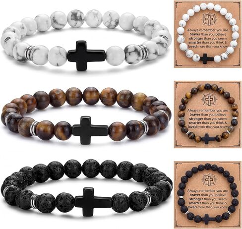 Kingdder 3 Pcs Cross Bracelets for Men Women, 8mm Natural Stone Cross Bead Bracelet Gift for Christian Fathers Day in Kuwait