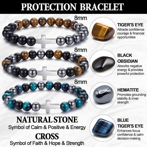 Kingdder 3 Pcs Cross Bracelets for Men Women, 8mm Natural Stone Cross Bead Bracelet Gift for Christian Fathers Day in Kuwait