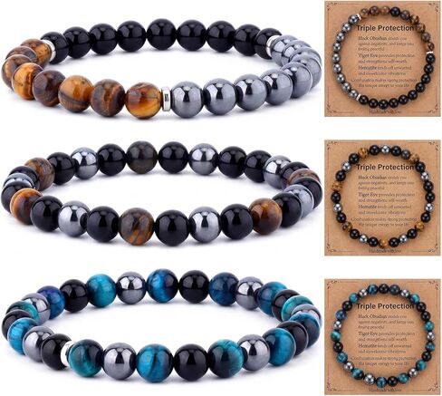Kingdder 3 Pcs Cross Bracelets for Men Women, 8mm Natural Stone Cross Bead Bracelet Gift for Christian Fathers Day in Kuwait