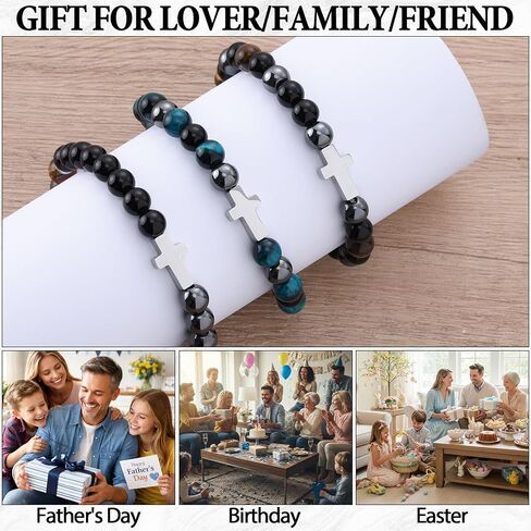 Kingdder 3 Pcs Cross Bracelets for Men Women, 8mm Natural Stone Cross Bead Bracelet Gift for Christian Fathers Day in Kuwait