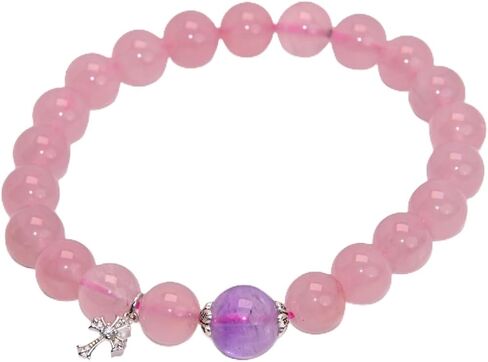 Natural Rose Quartz Bracelet with Amethyst Accent, Pink | Crystal Beaded, Stretch, Silver Charm in Saudi Arabia