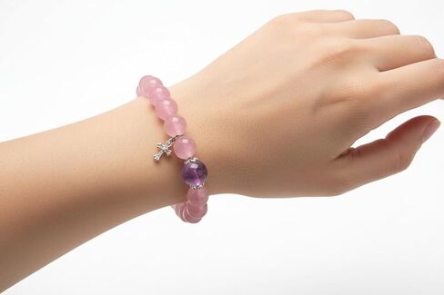 Natural Rose Quartz Bracelet with Amethyst Accent, Pink | Crystal Beaded, Stretch, Silver Charm in Saudi Arabia
