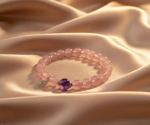 Natural Rose Quartz Bracelet with Amethyst Accent, Pink | Crystal Beaded, Stretch, Silver Charm in Saudi Arabia