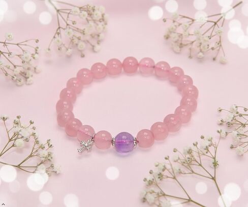 Natural Rose Quartz Bracelet with Amethyst Accent, Pink | Crystal Beaded, Stretch, Silver Charm in Saudi Arabia