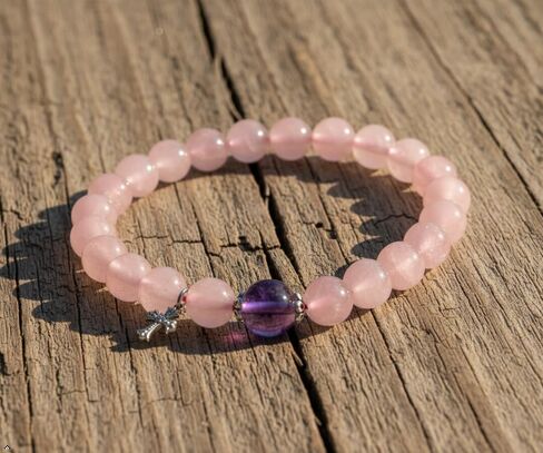 Natural Rose Quartz Bracelet with Amethyst Accent, Pink | Crystal Beaded, Stretch, Silver Charm in Saudi Arabia