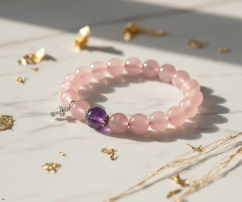 Natural Rose Quartz Bracelet with Amethyst Accent, Pink | Crystal Beaded, Stretch, Silver Charm in Saudi Arabia