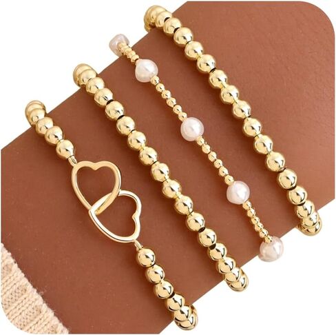 Gold Beaded Bow Heart Paperclip Pearl Stack Bracelet Set for Women, 4Pcs Golden Beads Pearls Stretchable Stackable Bracelets Party Jewelry Accessories Gift in Kuwait