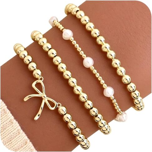 Gold Beaded Bow Heart Paperclip Pearl Stack Bracelet Set for Women, 4Pcs Golden Beads Pearls Stretchable Stackable Bracelets Party Jewelry Accessories Gift in Kuwait