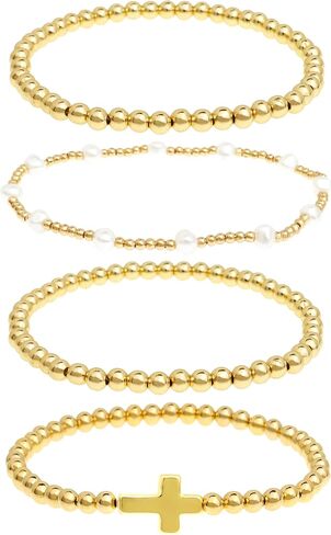 Gold Beaded Bow Heart Paperclip Pearl Stack Bracelet Set for Women, 4Pcs Golden Beads Pearls Stretchable Stackable Bracelets Party Jewelry Accessories Gift in Kuwait