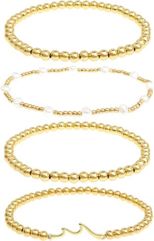 Gold Beaded Bow Heart Paperclip Pearl Stack Bracelet Set for Women, 4Pcs Golden Beads Pearls Stretchable Stackable Bracelets Party Jewelry Accessories Gift in Kuwait