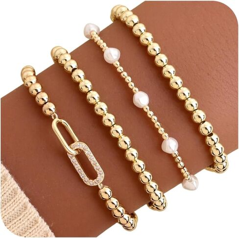 Gold Beaded Bow Heart Paperclip Pearl Stack Bracelet Set for Women, 4Pcs Golden Beads Pearls Stretchable Stackable Bracelets Party Jewelry Accessories Gift in Kuwait