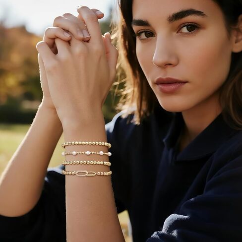 Gold Beaded Bow Heart Paperclip Pearl Stack Bracelet Set for Women, 4Pcs Golden Beads Pearls Stretchable Stackable Bracelets Party Jewelry Accessories Gift in Kuwait