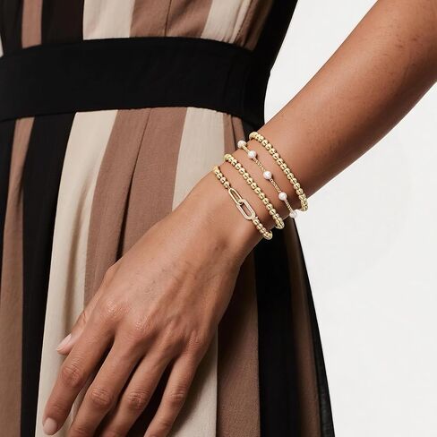 Gold Beaded Bow Heart Paperclip Pearl Stack Bracelet Set for Women, 4Pcs Golden Beads Pearls Stretchable Stackable Bracelets Party Jewelry Accessories Gift in Kuwait