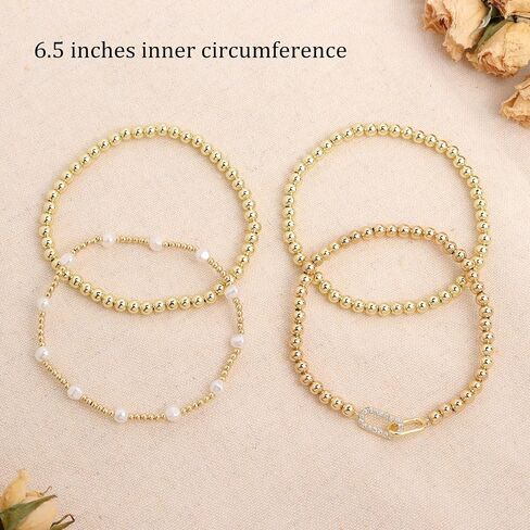 Gold Beaded Bow Heart Paperclip Pearl Stack Bracelet Set for Women, 4Pcs Golden Beads Pearls Stretchable Stackable Bracelets Party Jewelry Accessories Gift in Kuwait
