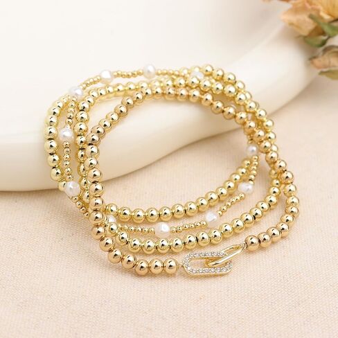 Gold Beaded Bow Heart Paperclip Pearl Stack Bracelet Set for Women, 4Pcs Golden Beads Pearls Stretchable Stackable Bracelets Party Jewelry Accessories Gift in Kuwait