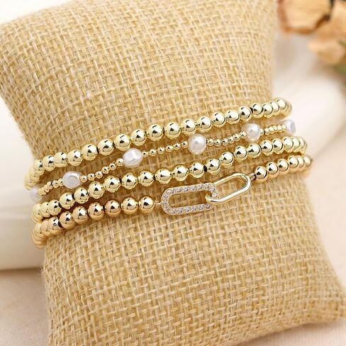 Gold Beaded Bow Heart Paperclip Pearl Stack Bracelet Set for Women, 4Pcs Golden Beads Pearls Stretchable Stackable Bracelets Party Jewelry Accessories Gift in Kuwait