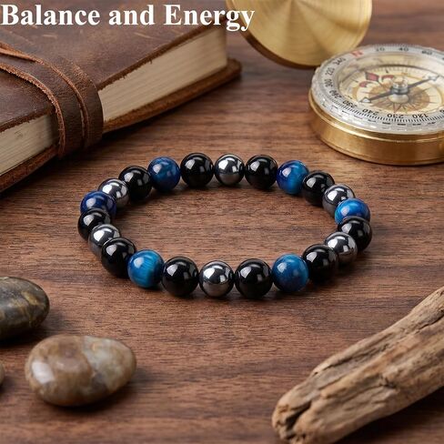 Triple Protection Bracelet 8mm Natural Hematite Black Obsidian Blue Tiger Eye Bracelet for Men Women Anxiety Stress Relief Bracelets Beaded Healing Crystal Energy Stone Jewelry Gift in Saudi Arabia
