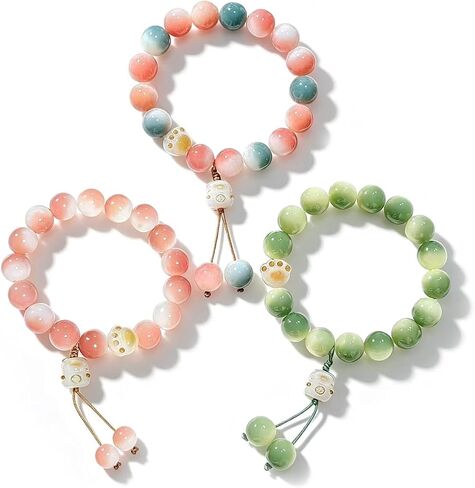 LIYAPEI 3Pcs Lucky Cat Crystal Bracelet Set for Women Cute Kawaii Cat Paw Beaded Stretch Bracelets Good Luck Protection Jewelry Gift for Friends in Saudi Arabia