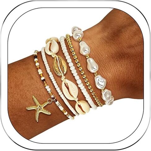 Boho Beach Bracelets for Women Shell Pearl Starfish Bracelet Set Elastic Beaded Stretch Summer Vacation Beach Jewelry Accessories in Saudi Arabia