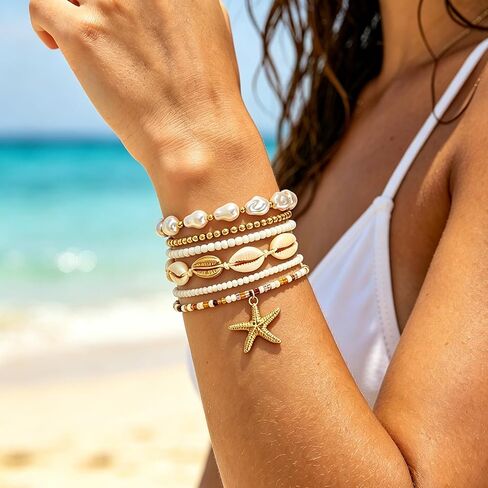 Boho Beach Bracelets for Women Shell Pearl Starfish Bracelet Set Elastic Beaded Stretch Summer Vacation Beach Jewelry Accessories in Saudi Arabia