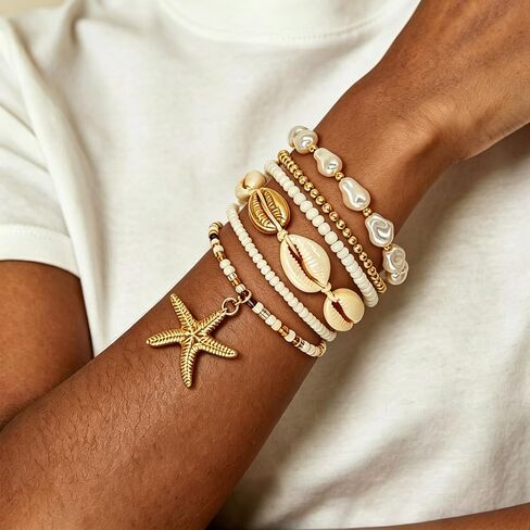 Boho Beach Bracelets for Women Shell Pearl Starfish Bracelet Set Elastic Beaded Stretch Summer Vacation Beach Jewelry Accessories in Saudi Arabia
