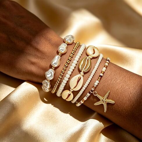 Boho Beach Bracelets for Women Shell Pearl Starfish Bracelet Set Elastic Beaded Stretch Summer Vacation Beach Jewelry Accessories in Saudi Arabia