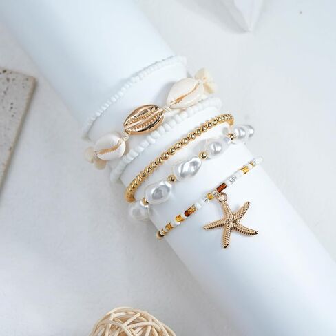 Boho Beach Bracelets for Women Shell Pearl Starfish Bracelet Set Elastic Beaded Stretch Summer Vacation Beach Jewelry Accessories in Saudi Arabia