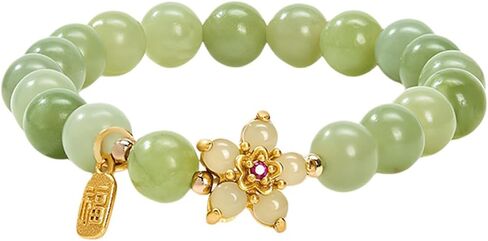 Green Jade Bracelet For Women, Natural Real Jade Flower “Fu" Character Bracelet, Jade Bead Elastic Bracelet Bring Good Luck and Fortune, Lucky Fengshui Jewelry Gift for Mother's Day, Suit for 5.5 - 6.3" in Saudi Arabia