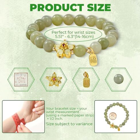 Green Jade Bracelet For Women, Natural Real Jade Flower “Fu" Character Bracelet, Jade Bead Elastic Bracelet Bring Good Luck and Fortune, Lucky Fengshui Jewelry Gift for Mother's Day, Suit for 5.5 - 6.3" in Saudi Arabia