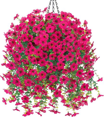HyeFlora Artificial Hanging Flowers Basket for Outdoor, Fake Flowers Faux Plants Look Real for Yard Gardens Porch Patio Home (Darkpurple+Hotpink) in Saudi Arabia