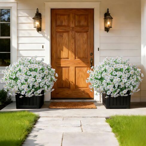 Ivydale 24 Bundles Artificial Flowers for Outdoors Summer Outside Decoration, Faux Silk Petunias White Fake Flowers Bulk Realistic UV Resistant Plants for Outdoor Planters Porch Patio Garden Yard Home in Saudi Arabia